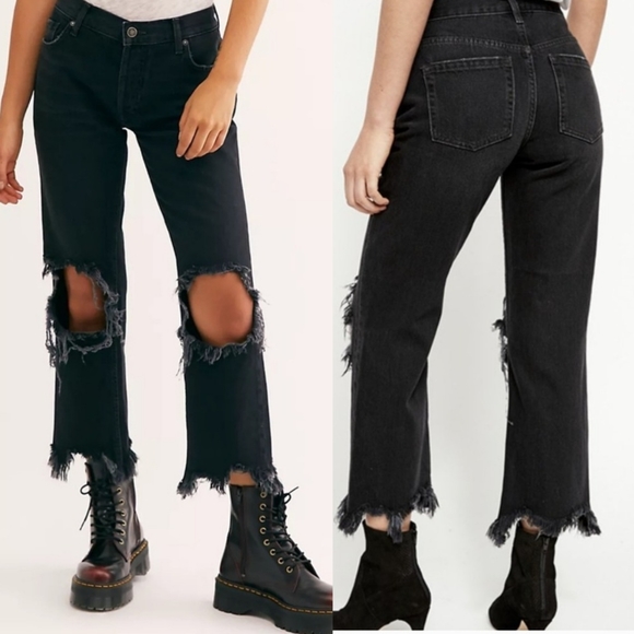 We The Free Denim - We The Free Maggie Mid Rise Straight Washed Black Distressed Jean Women's 26